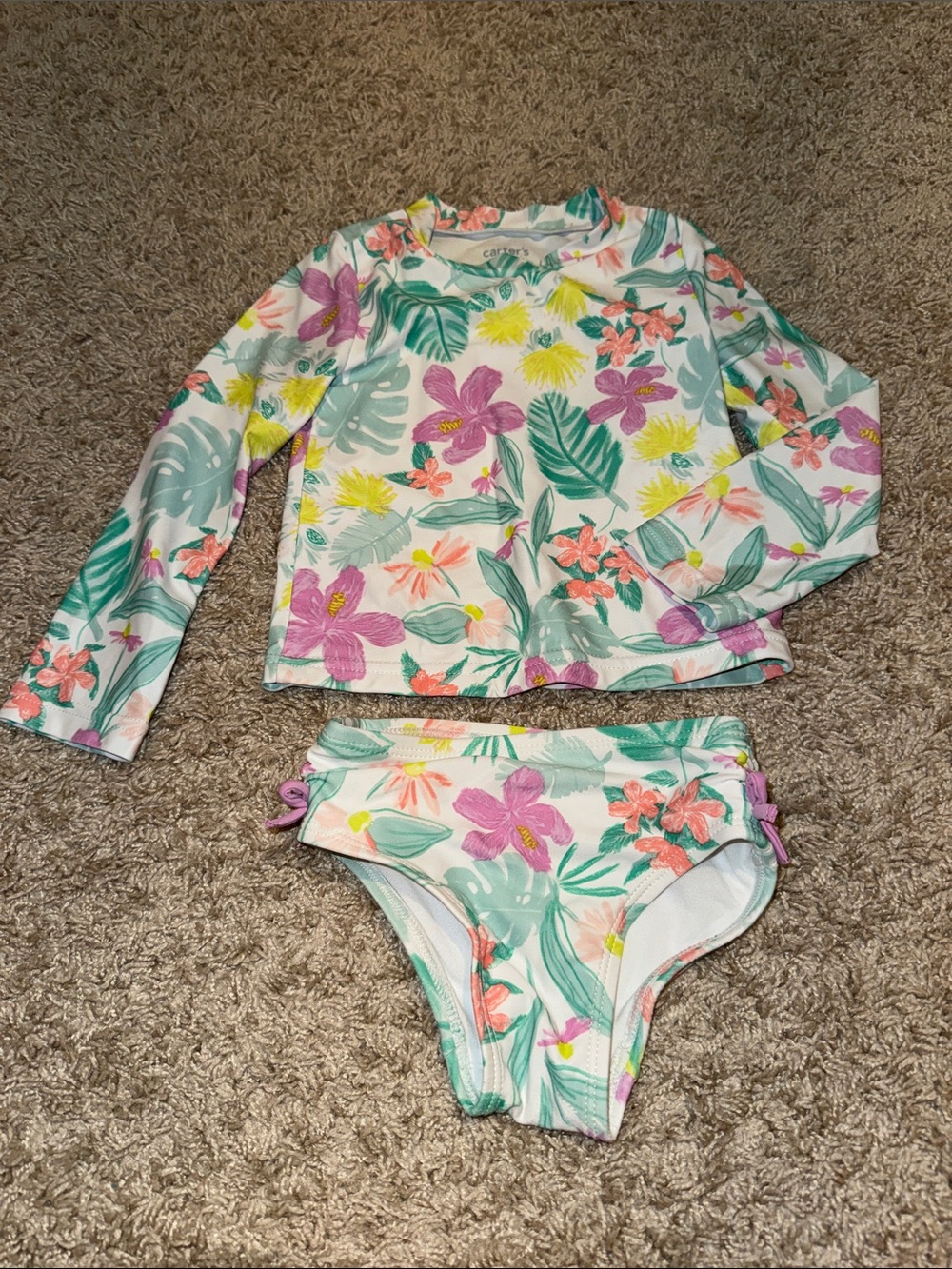 Carter's White Floral Rashguard Bikini Set with Pink and Green Accents